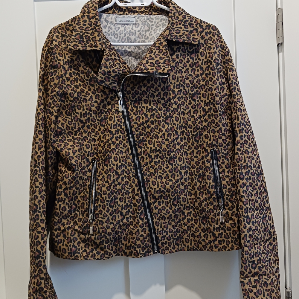 Domino Dollhouse Denim Leopard Print Moto Jacket - Brown/Black